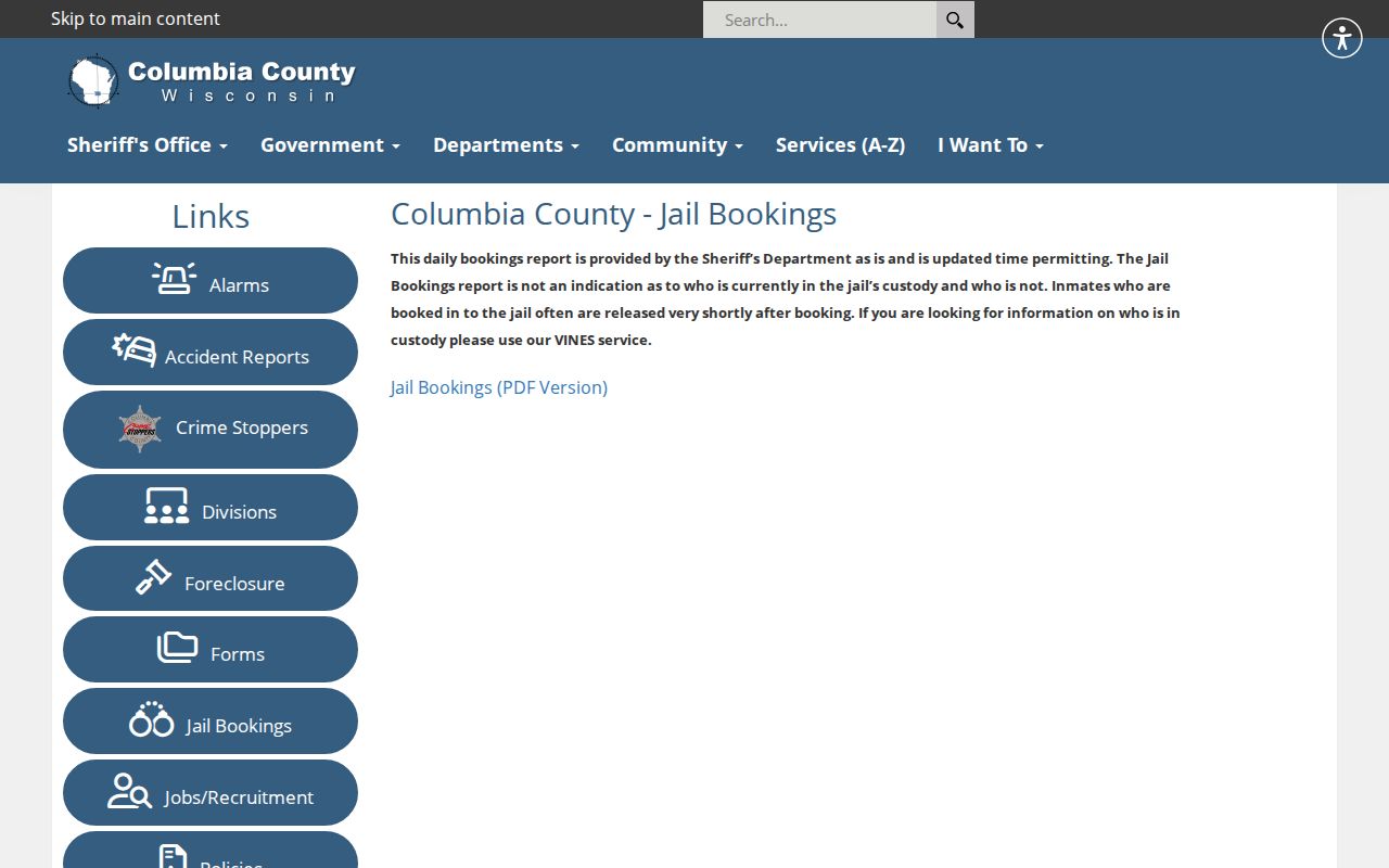 Columbia County recent booking record page