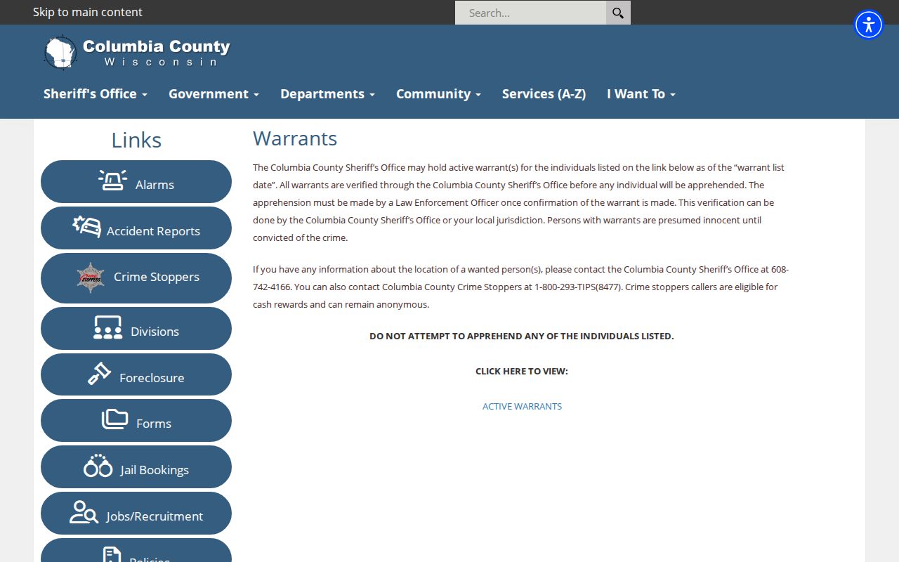 Columbia County active warrant record page
