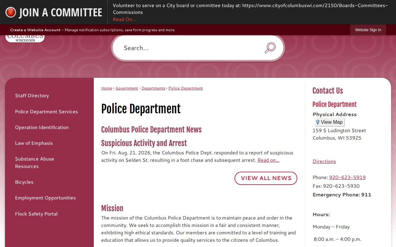Columbia County Columbus Police official arrest-record contact information