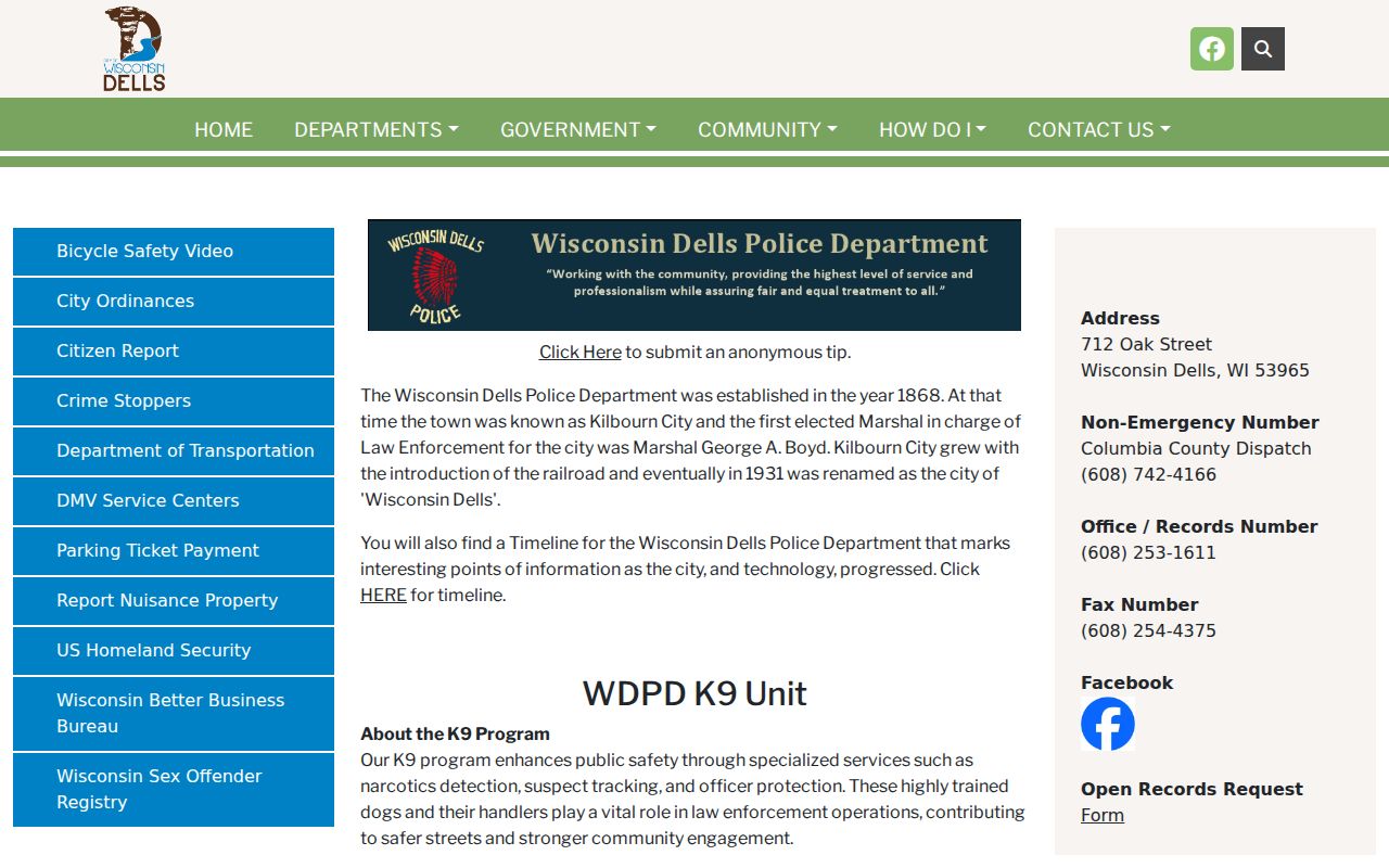 Wisconsin Dells Police Department arrest record access page